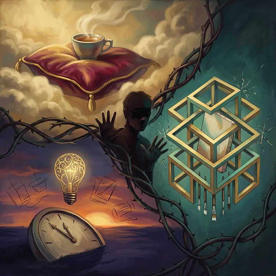 A symbolic visualization of overcoming self-sabotage including the comfort trap, perfectionism, and procrastination.