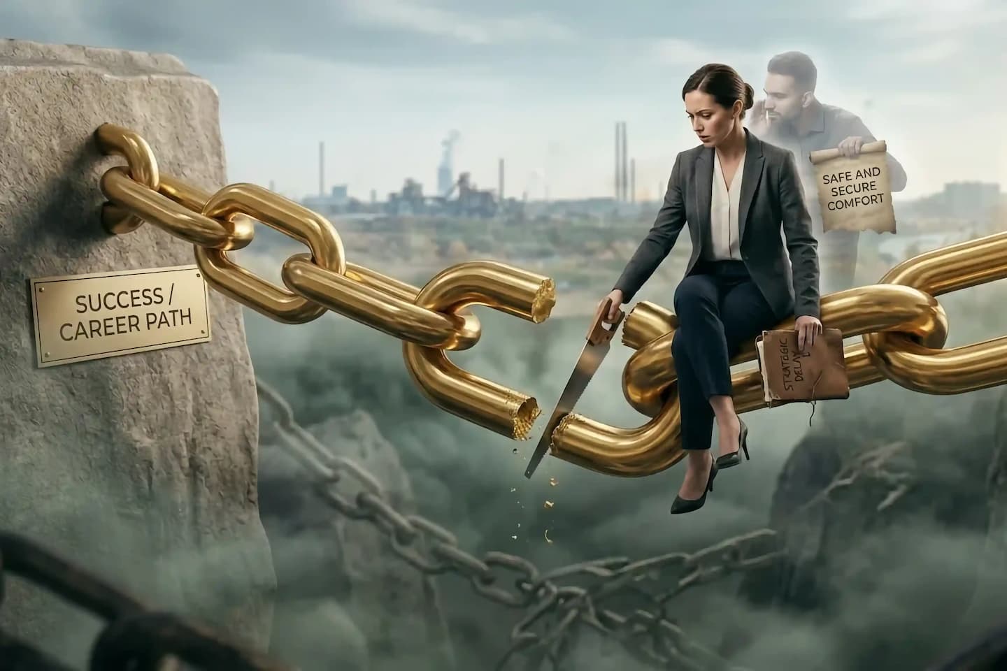A conceptual photo for Pargat Singh's 'Strait Path' framework, visualizing a professional woman on a bridge, sitting on and meticulously sawing through a massive golden chain link. It is a featured image of overcoming self-sabotage concept article.
