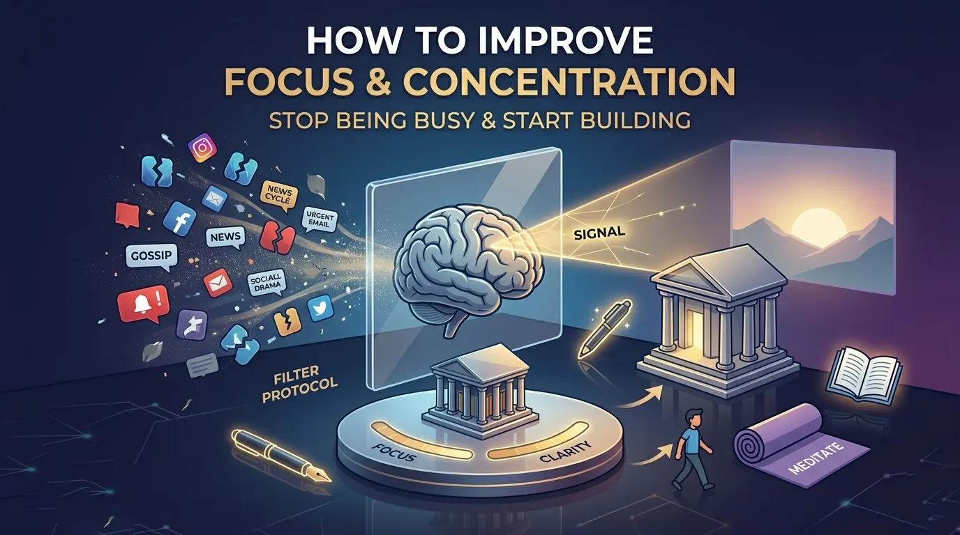 A professional, illustrated infographic showing the 'Filter Protocol' on how to improve focus and concentration, demonstrating the journey from digital clutter to mental clarity, for Pargat Singh's guide. Used in his Mindset and Life Coaching Articles.
