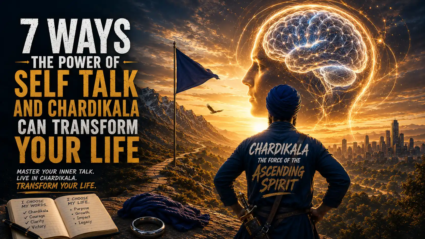 7 Ways the Power of Self Talk and Chardikala Can Transform Your Life featuring inspirational Sikh warrior mindset artwork with glowing mind illustration and mountain sunrise.